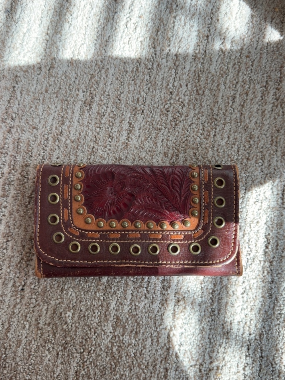 American West Hand-Tooled Floral Leather Wallet in Burgundy and Tan